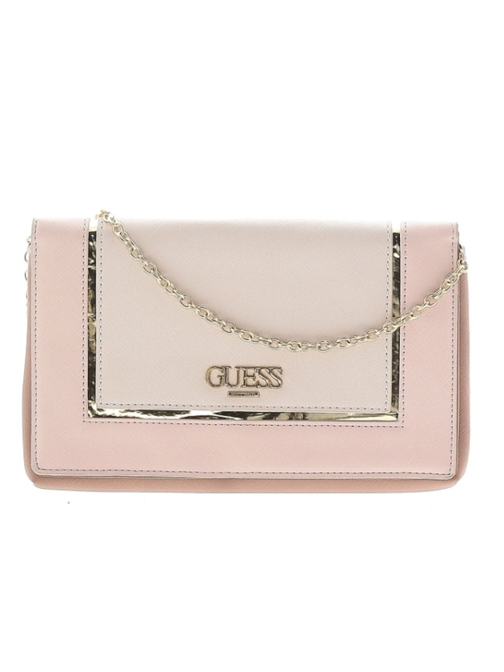 GUESS Pink and Cream Chain Clutch with Gold Accents
